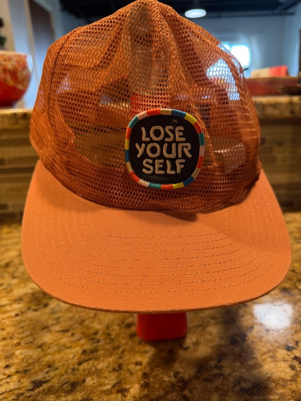 Patagonia Rust Orange Mesh Trucker Hat with "Lose Your Self" Patch

NWOT
